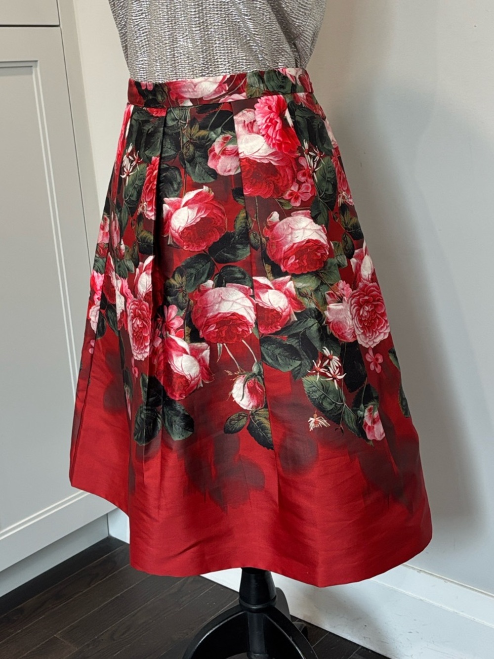 Talbots Floral A-Line Midi Skirt Red Pink Pleated Party Skirt 6 - Picture 6 of 13